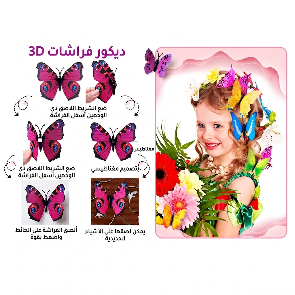 حزمة فراشات ديكور 3D - (72 فراشة)
